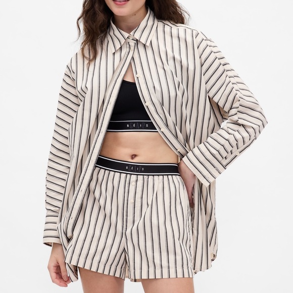 GAP Tops - Gap × BÉIS Poplin Dolman Big Shirt Boxer Shorts Set Khaki tan & black stripe